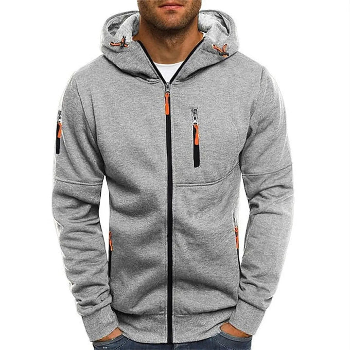 Cozy men's zip-up multi-pocket hoodie, knit sweater feel fleece for ultimate comfort and style.