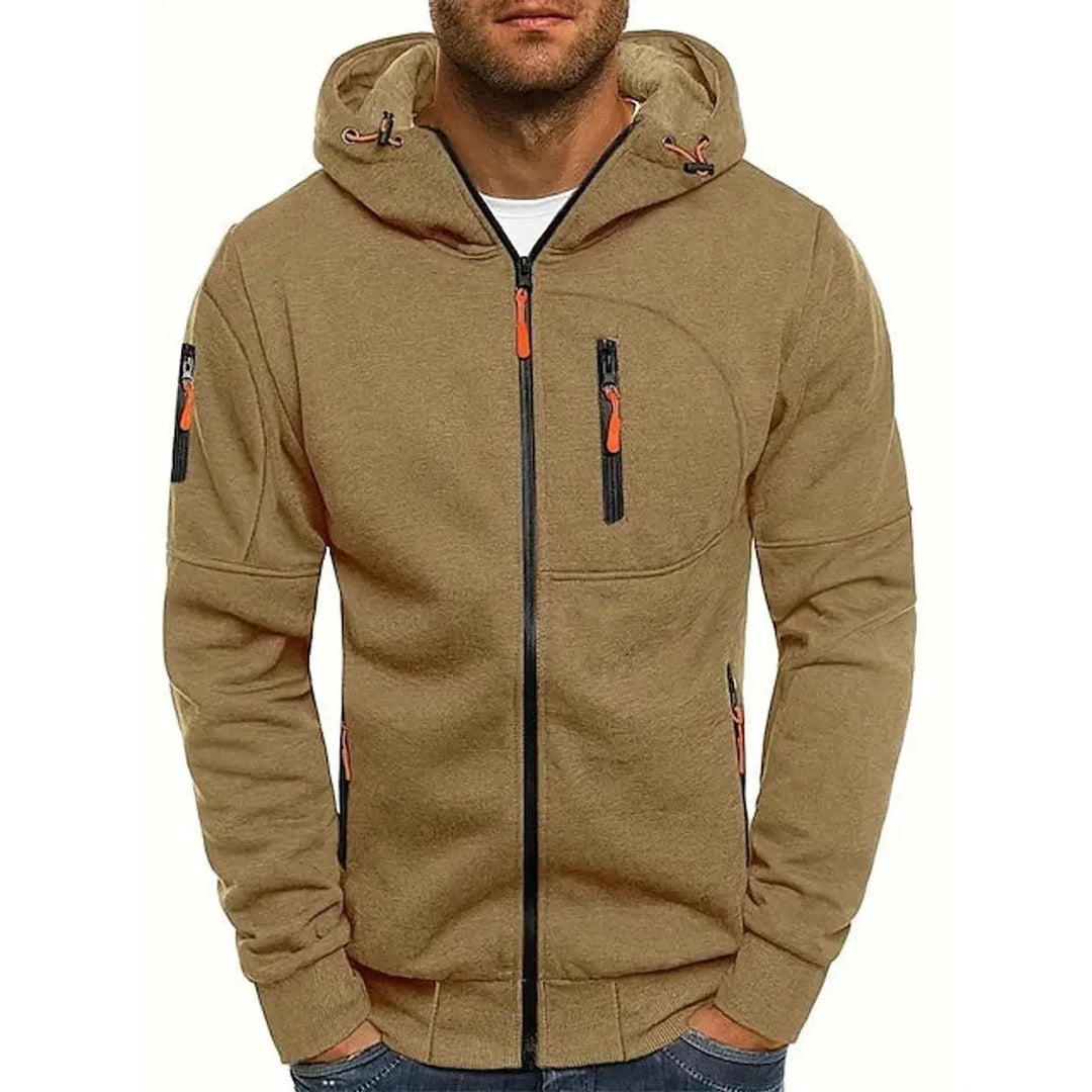 Men's versatile zip-up multi-pocket hoodie, comfortable knit sweater feel for all casual occasions.