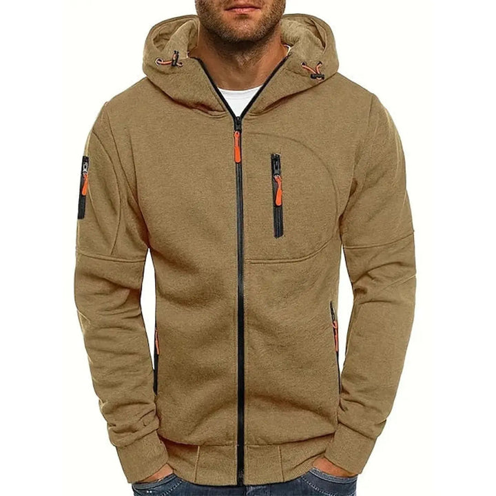 Men's versatile zip-up multi-pocket hoodie, comfortable knit sweater feel for all casual occasions.