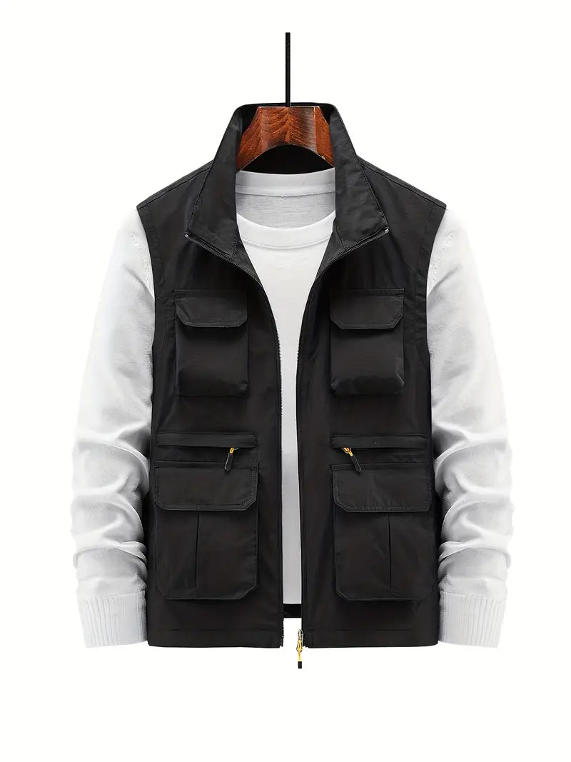 Men's multi-pocket zip-up vest in navy blue, perfect for casual wear.