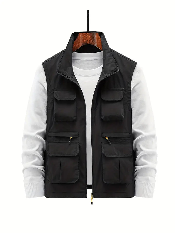 Men's multi-pocket zip-up vest in navy blue, perfect for casual wear.