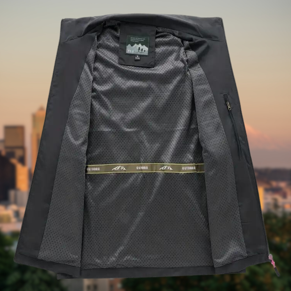Highlighting the versatility of this men's casual zip-up vest.