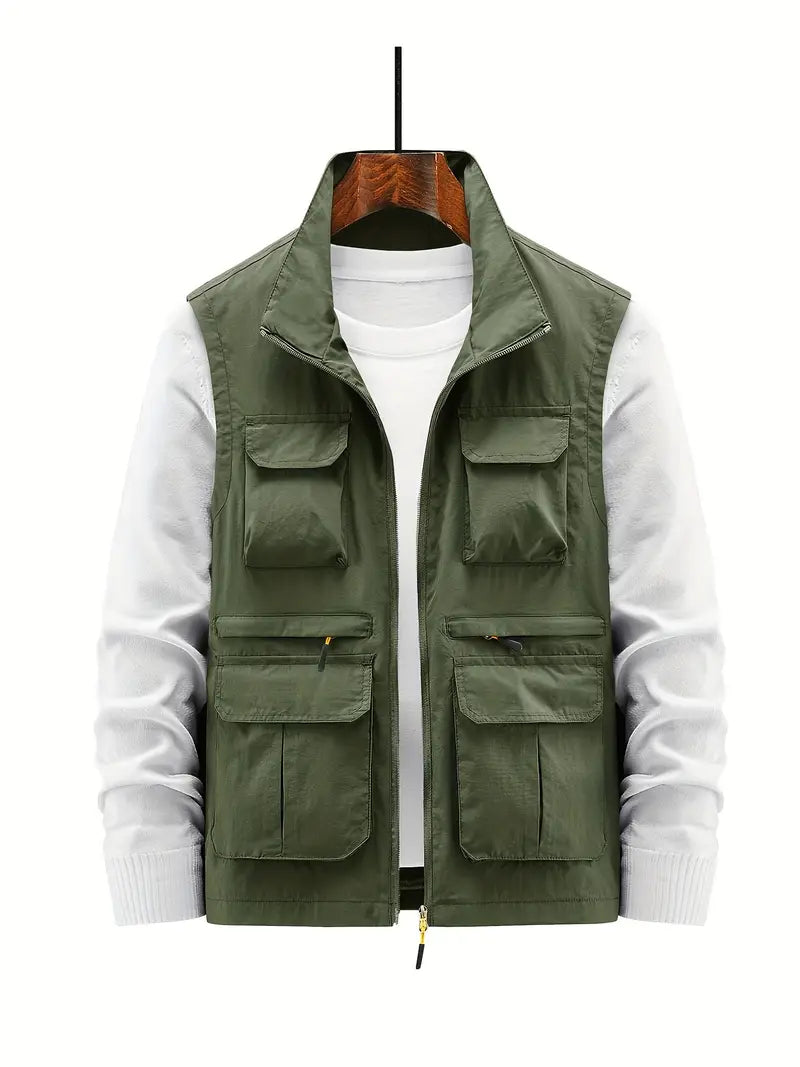 Close-up of the durable fabric on a men's breathable zip-up vest.