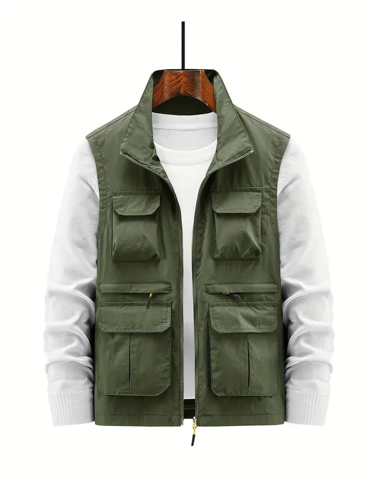 Close-up of the durable fabric on a men's breathable zip-up vest.