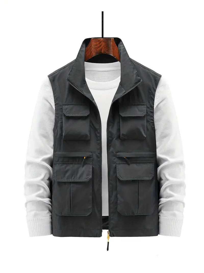Man wearing a stylish men's multi-pocket vest for everyday outdoor activities.