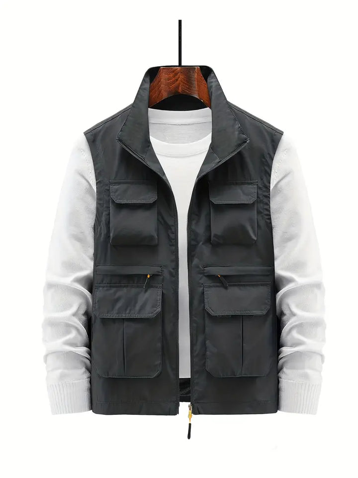 Man wearing a stylish men's multi-pocket vest for everyday outdoor activities.