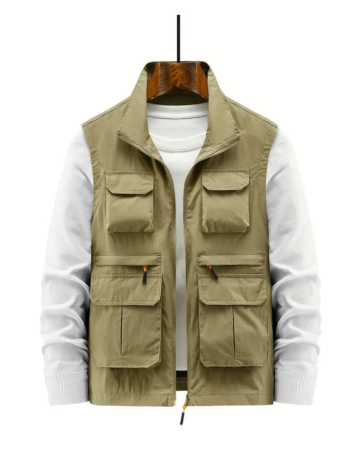 Front view of a men's zip-up vest with multiple functional pockets.