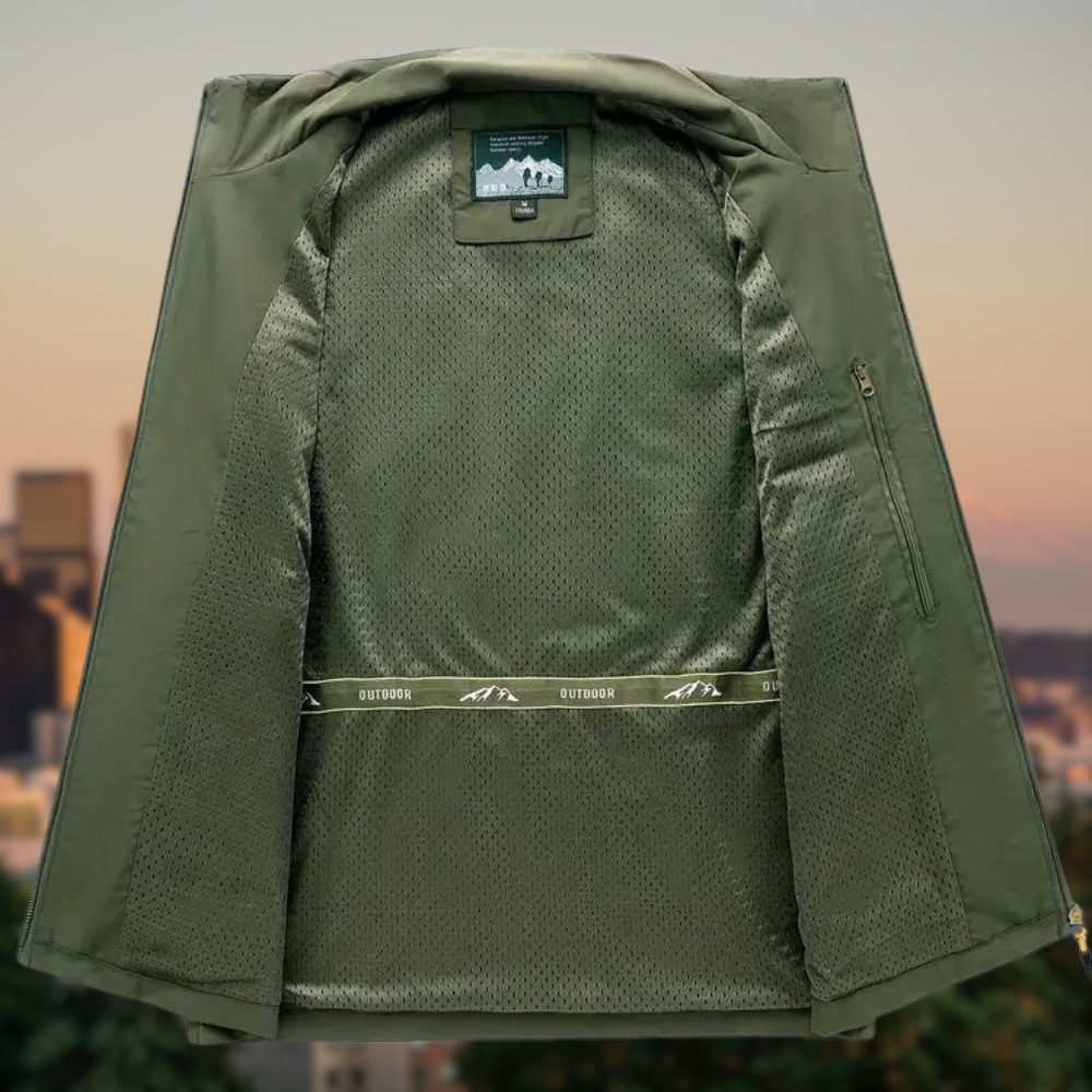 Back view of a men's durable vest, highlighting its practical design.