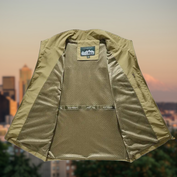 Focus on the breathable material of this men's zip-up vest.