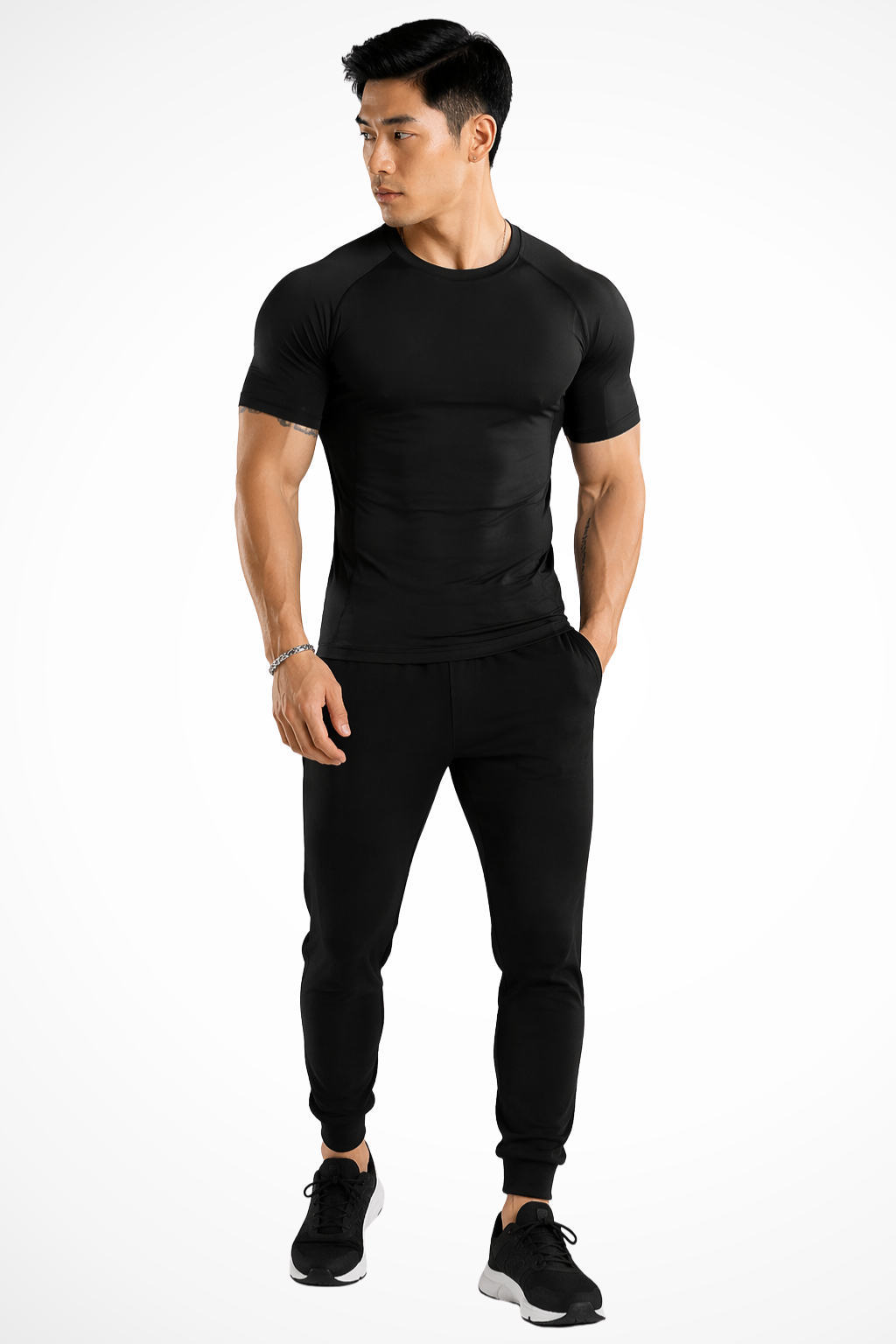 Body-hugging men's muscle fit crew neck t-shirt. Slim short sleeve top, showcasing physique. Great for summer fashion.