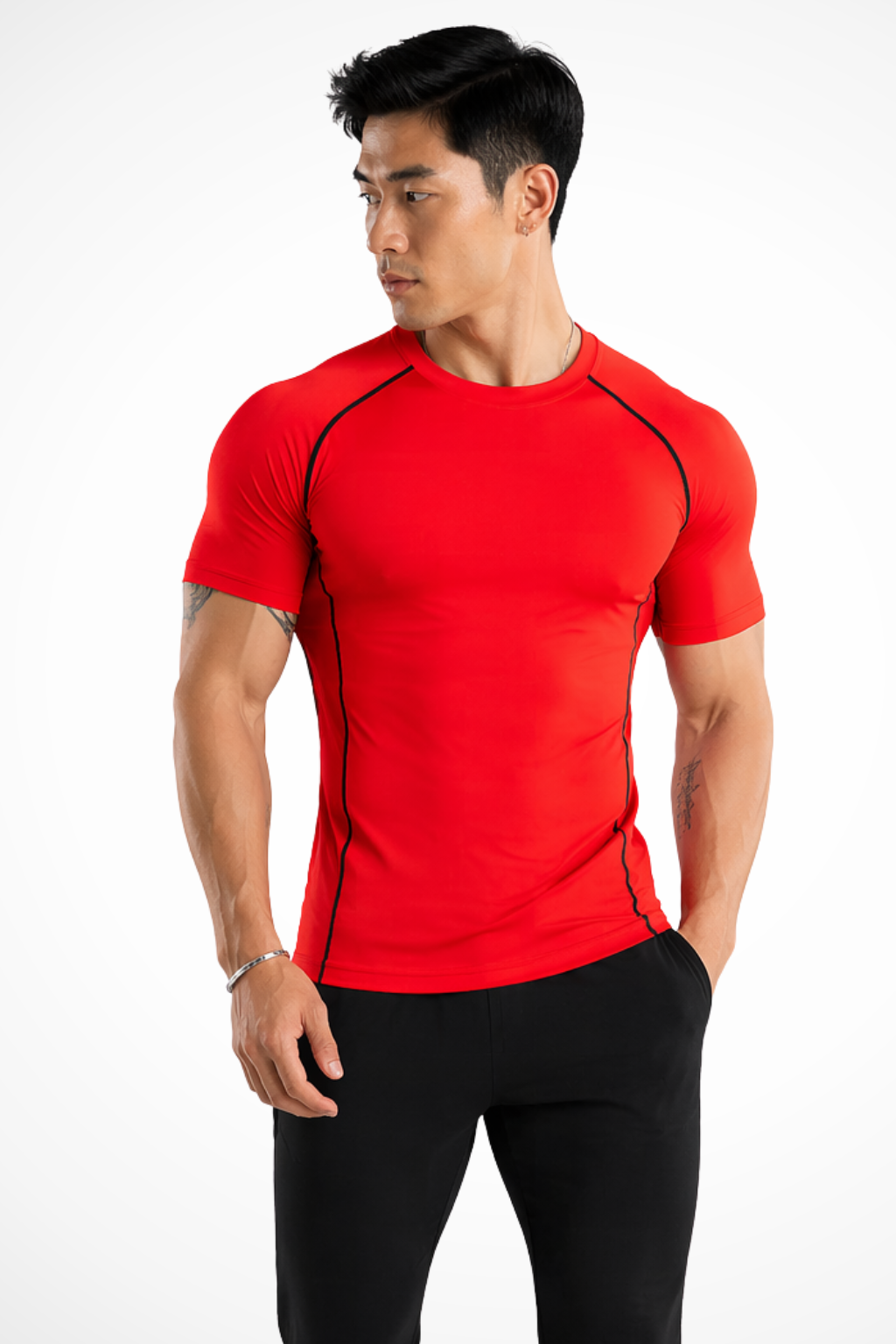 Men's slim fit muscle crew neck t-shirt. Short sleeve top, ideal for a defined physique and comfortable athletic wear.