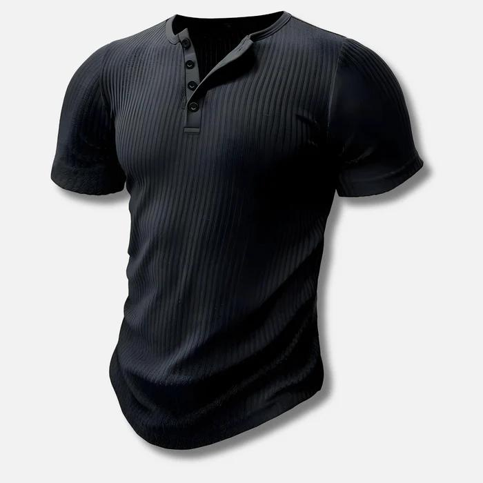 Close-up of the ribbed texture on a men's short sleeve muscle fit henley t-shirt.
