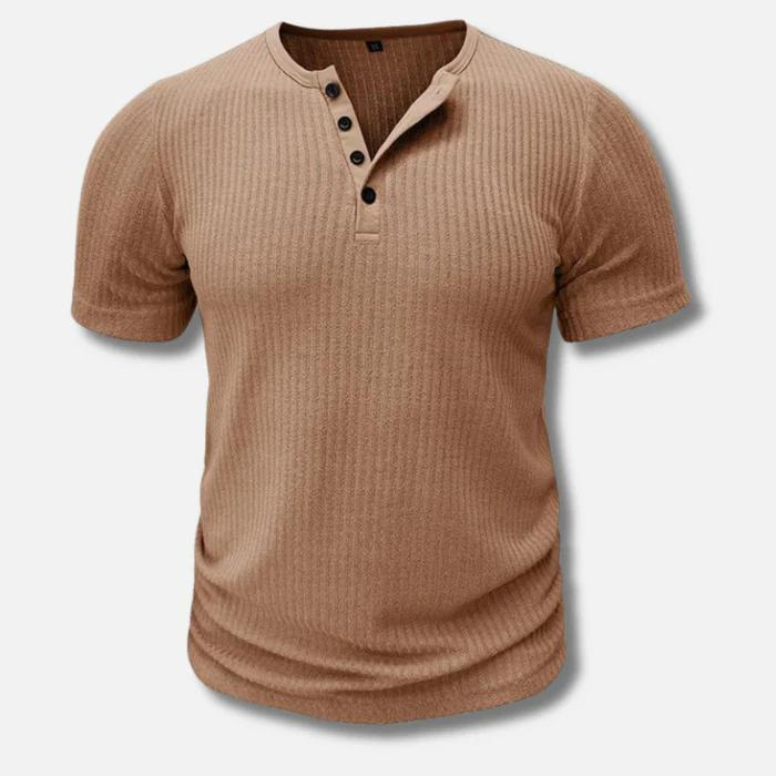 Men's active wear henley t-shirt with a flattering muscle fit and ribbed fabric detail.