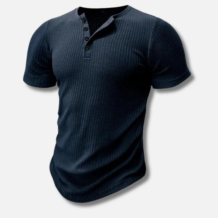 Versatile men's short sleeve henley shirt, muscle fit design with a modern ribbed texture.