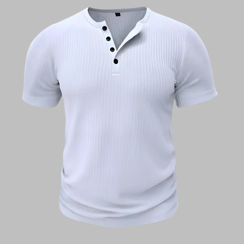 Men's muscle fit short sleeve henley t-shirt in navy blue, perfect for casual wear.