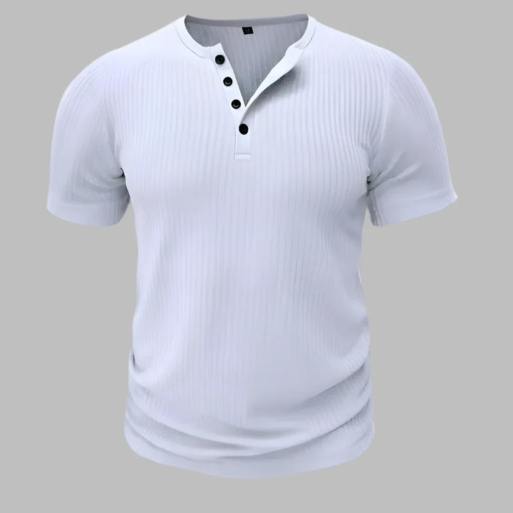 Men's muscle fit short sleeve henley t-shirt in navy blue, perfect for casual wear.