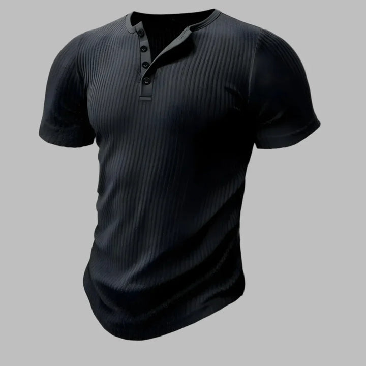 Athletic grey men's henley shirt with a modern, comfortable muscle fit.