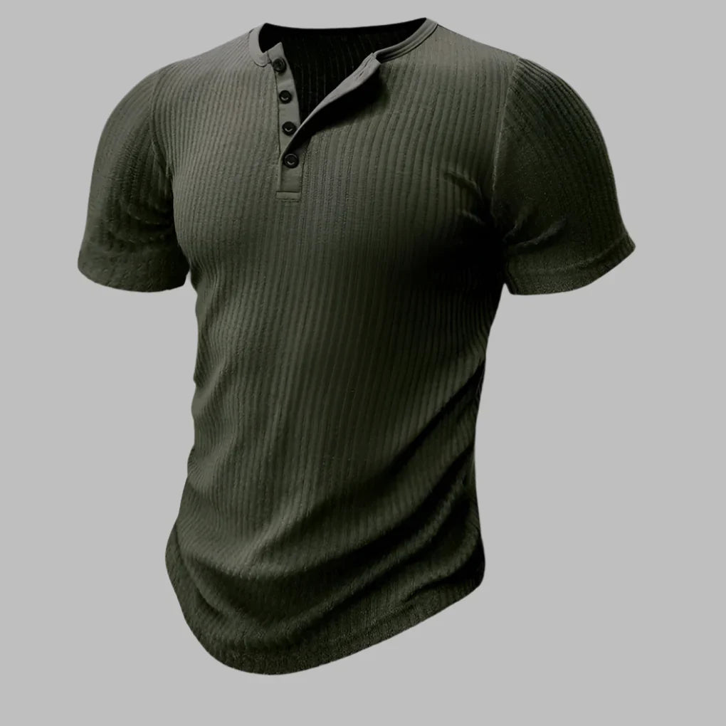 Versatile black short sleeve henley t-shirt for men, ideal for gym or everyday style.
