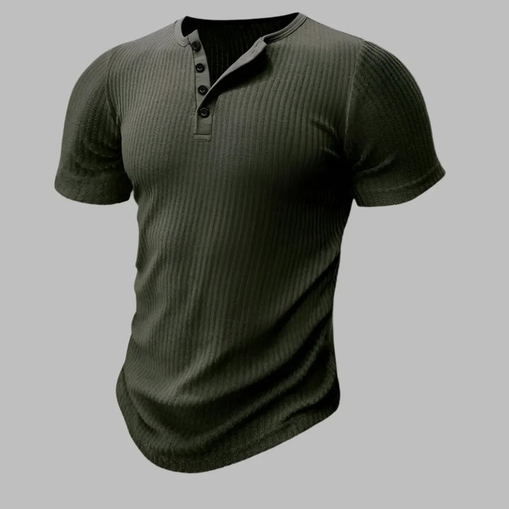 Versatile black short sleeve henley t-shirt for men, ideal for gym or everyday style.