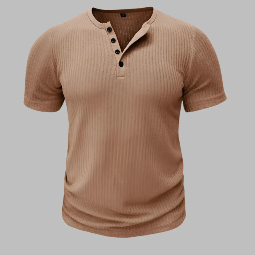 Close-up of the ribbed fabric on a men's comfortable muscle fit henley shirt.