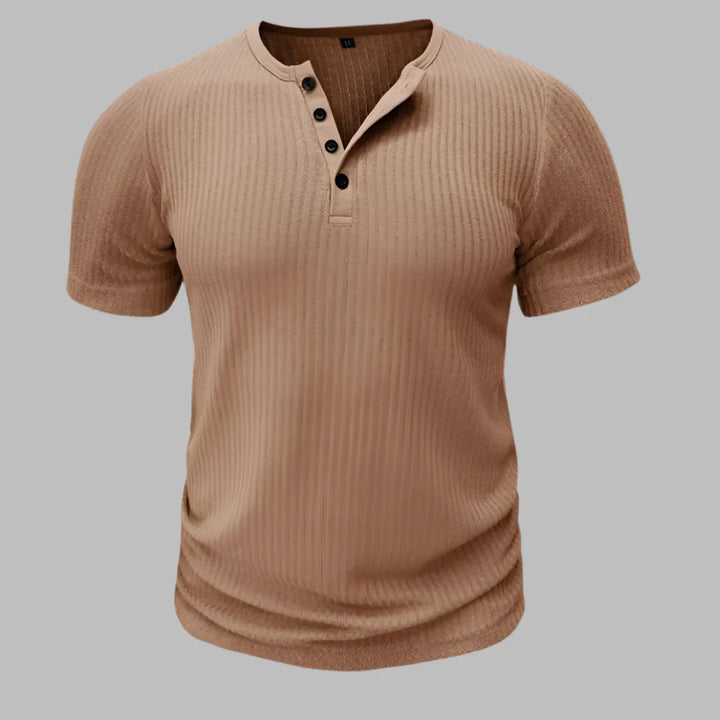Close-up of the ribbed fabric on a men's comfortable muscle fit henley shirt.