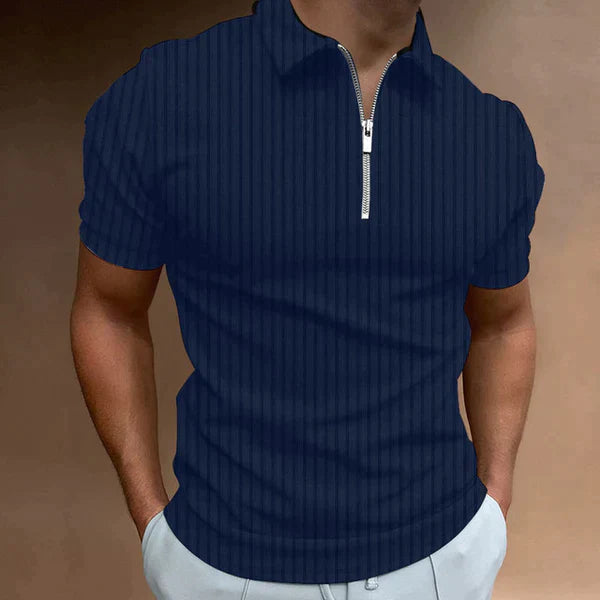Men's muscle fit zipper polo, short sleeve for modern casual wear and athletic style.