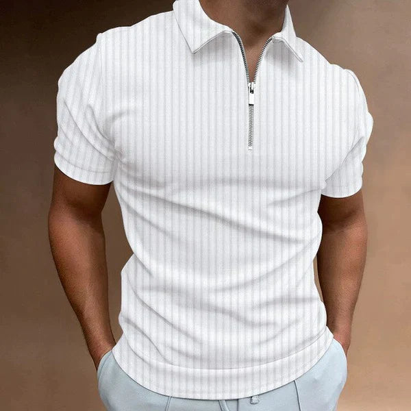 Athletic fit men's zipper polo shirt, modern style and breathable for summer fashion.
