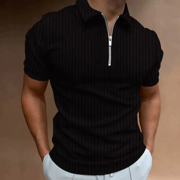 Short sleeve men's muscle fit polo with a stylish zipper, ideal for casual wear.