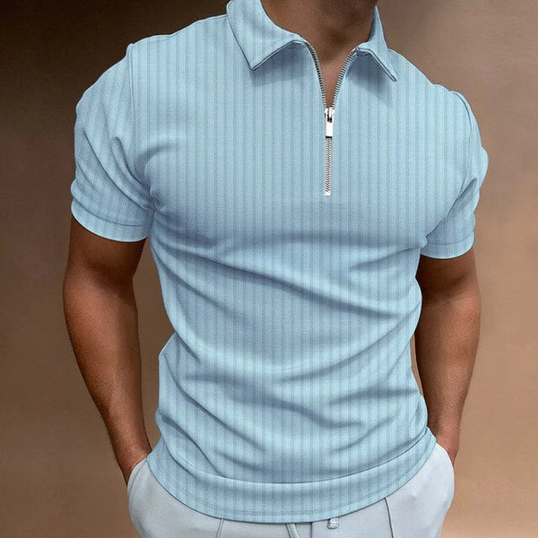 Man wearing a sleek muscle fit zipper polo, short sleeve for modern, casual fashion.