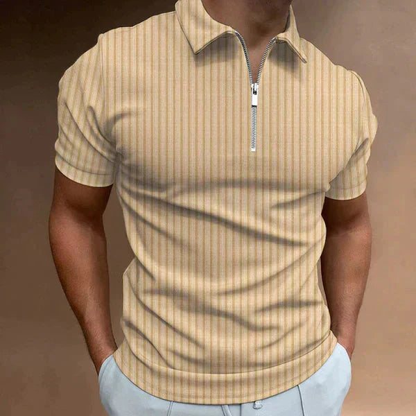 Detailed view of men's muscle fit zipper polo, showcasing its modern design and breathable fabric.