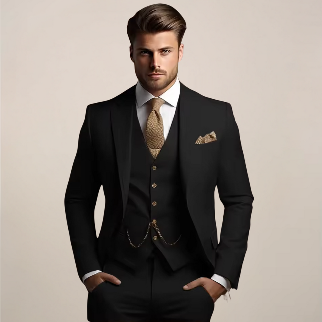 Men's navy 3-piece formal suit set with tailored blazer and waistcoat.