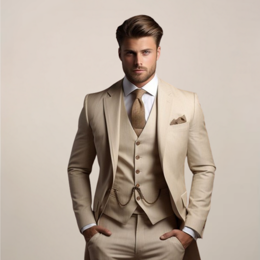 Classic men's formal wear: slim fit blazer, waistcoat, and trousers set.