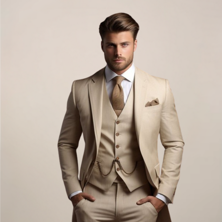 Classic men's formal wear: slim fit blazer, waistcoat, and trousers set.