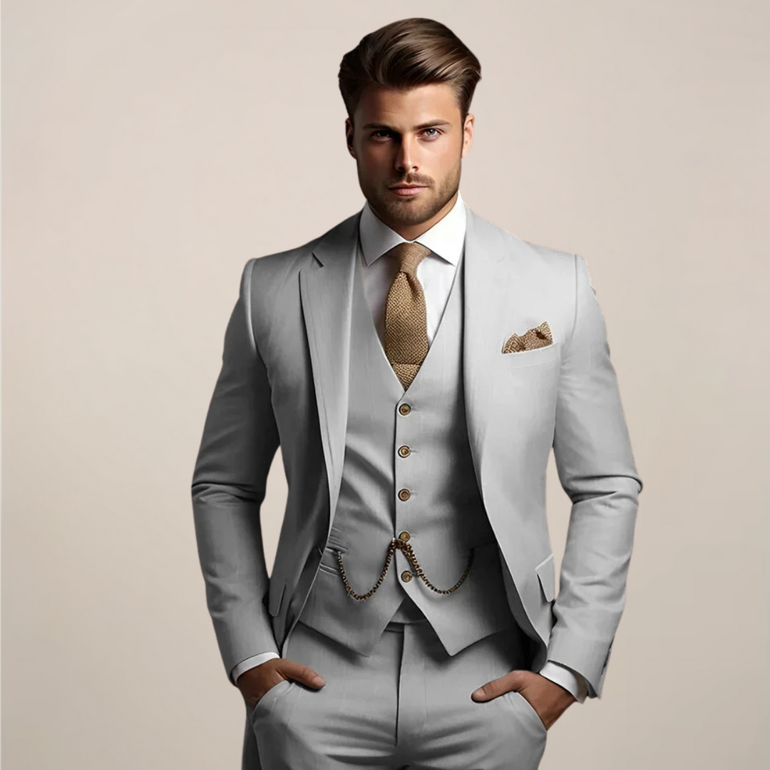 Elegant men's three-piece suit for weddings and formal business occasions.