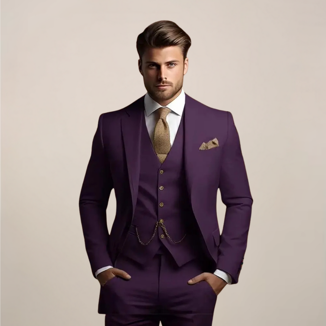 Sharp dark grey men's formal suit featuring a modern cut blazer and vest.