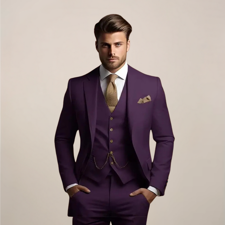Sharp dark grey men's formal suit featuring a modern cut blazer and vest.