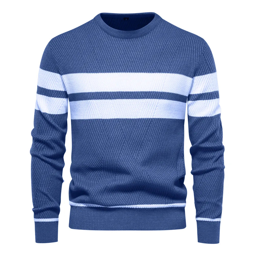 Men's navy and white striped crew neck knit jumper for casual wear.