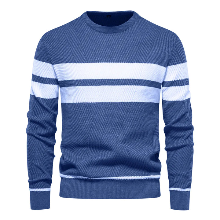 Men's navy and white striped crew neck knit jumper for casual wear.