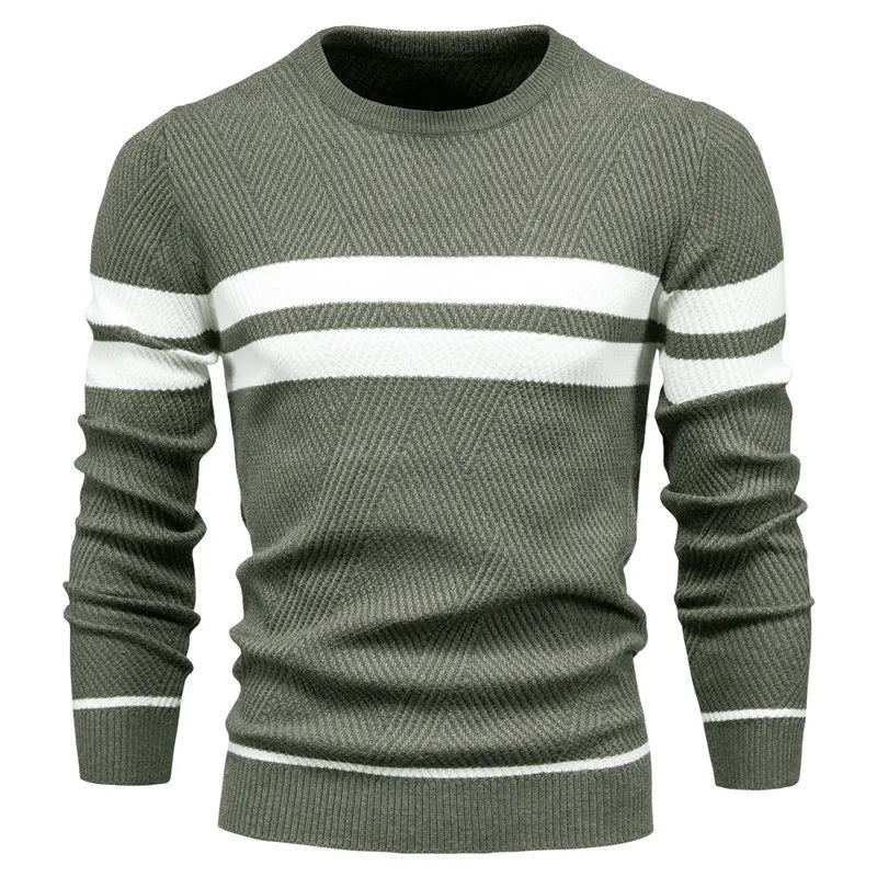 Effortless layering piece: Men's striped crew neck knit jumper.
