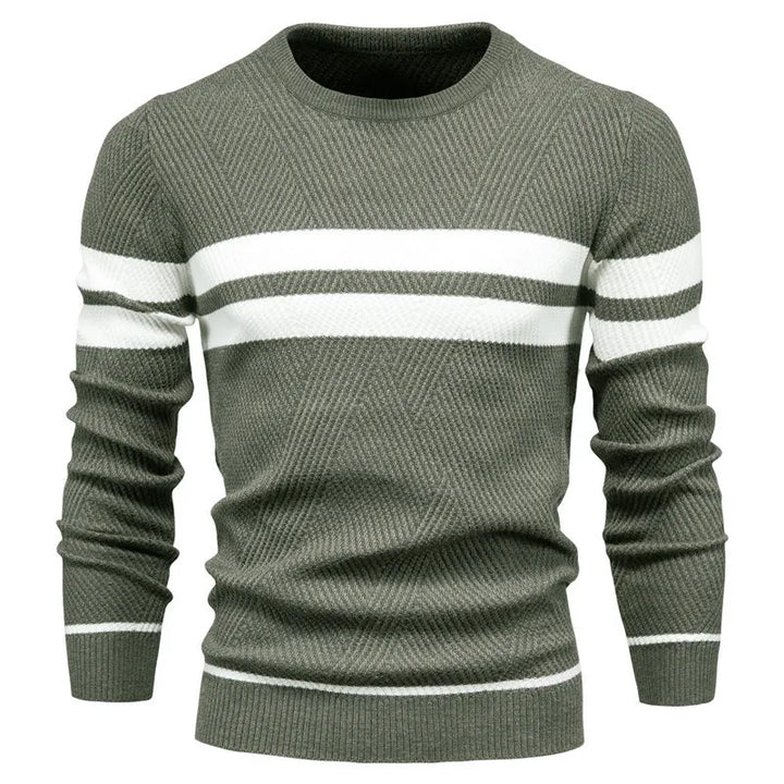 Effortless layering piece: Men's striped crew neck knit jumper.