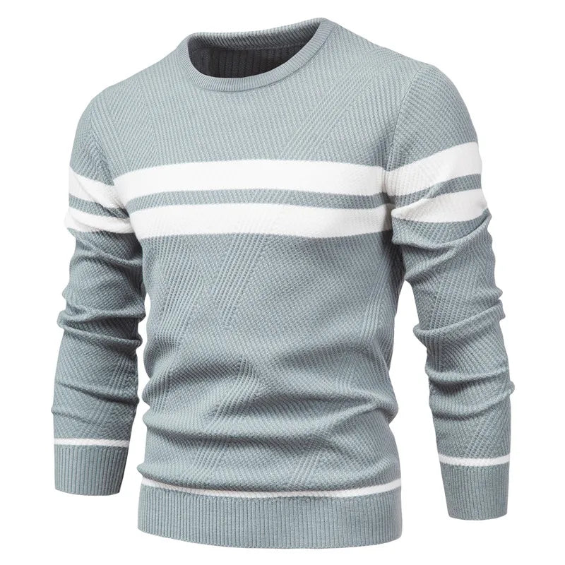 Front view of a men's long-sleeve striped knit jumper in grey.