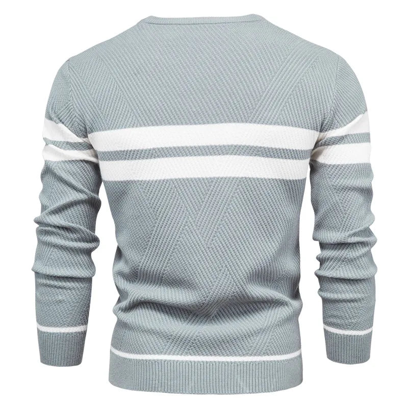 Men's crew neck sweater featuring a contemporary horizontal stripe design.