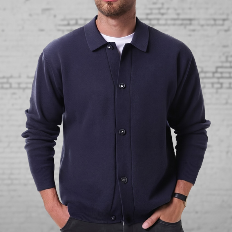 Men's navy blue button-down cardigan with patch pockets. Versatile long sleeve sweater jacket for classic style.