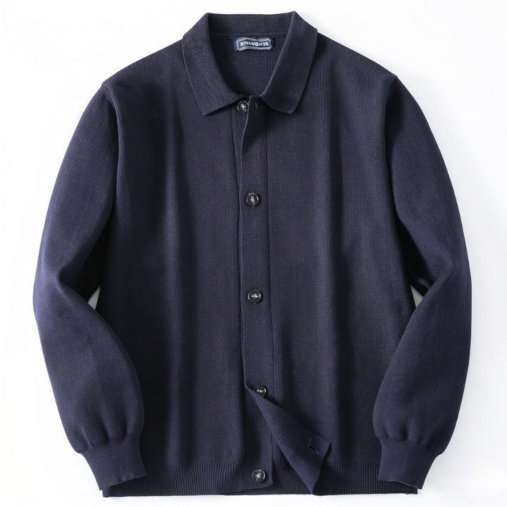 Classic men's navy button-down cardigan sweater jacket with patch pockets, ideal for versatile layering.