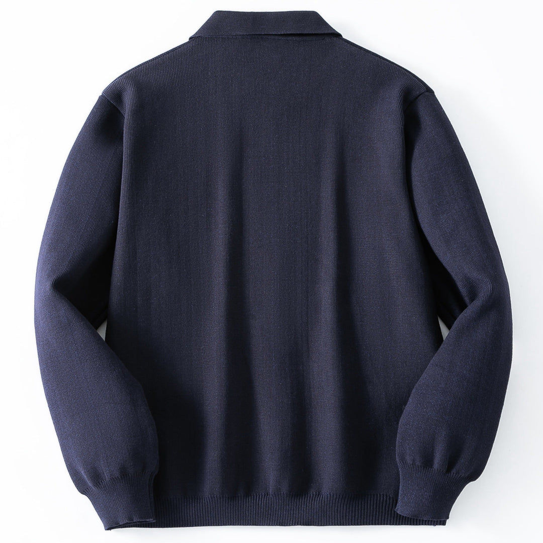 Comfortable men's long-sleeve navy button-down sweater with patch pockets. A timeless cardigan jacket.