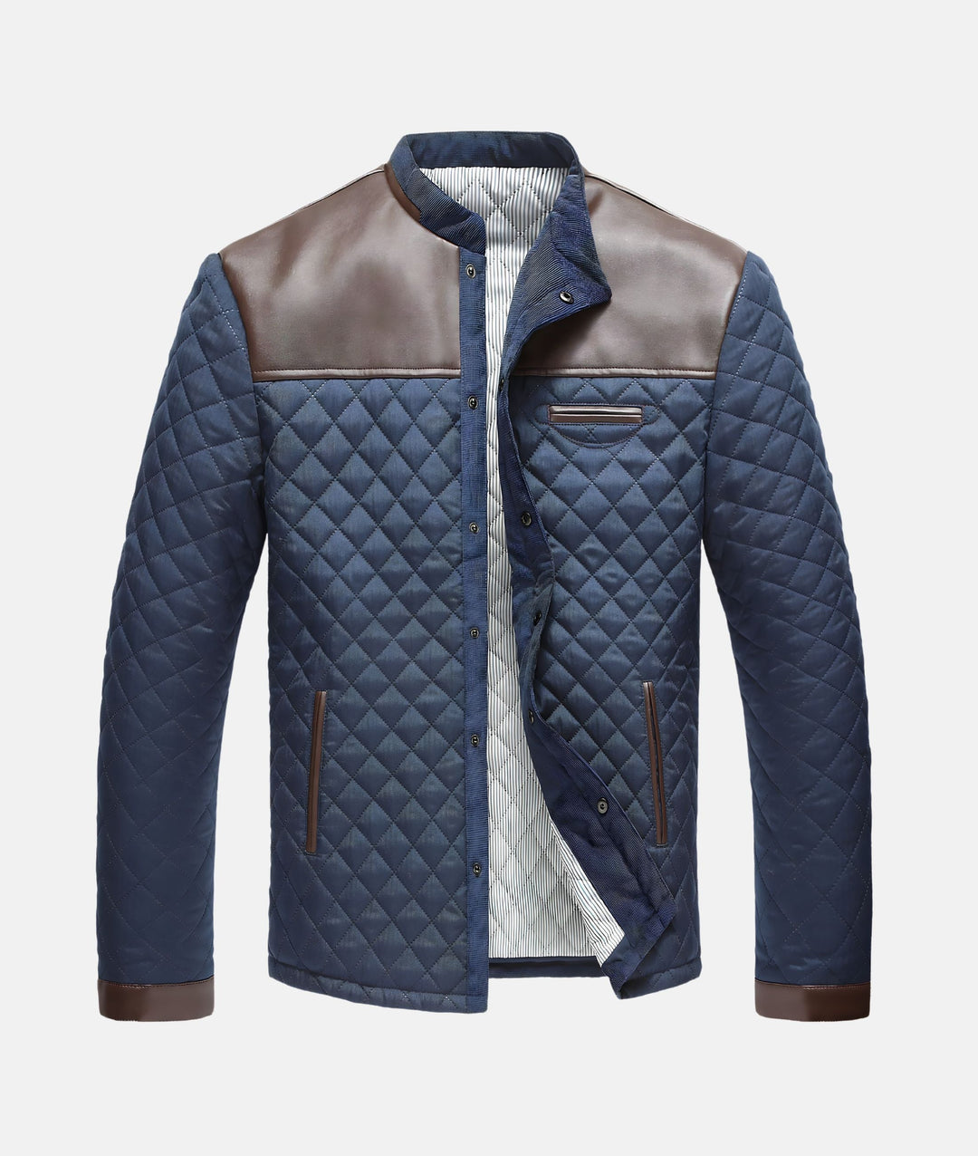 Men's navy blue quilted button-down jacket, collarless. Stylish & lightweight for fall/winter comfort.