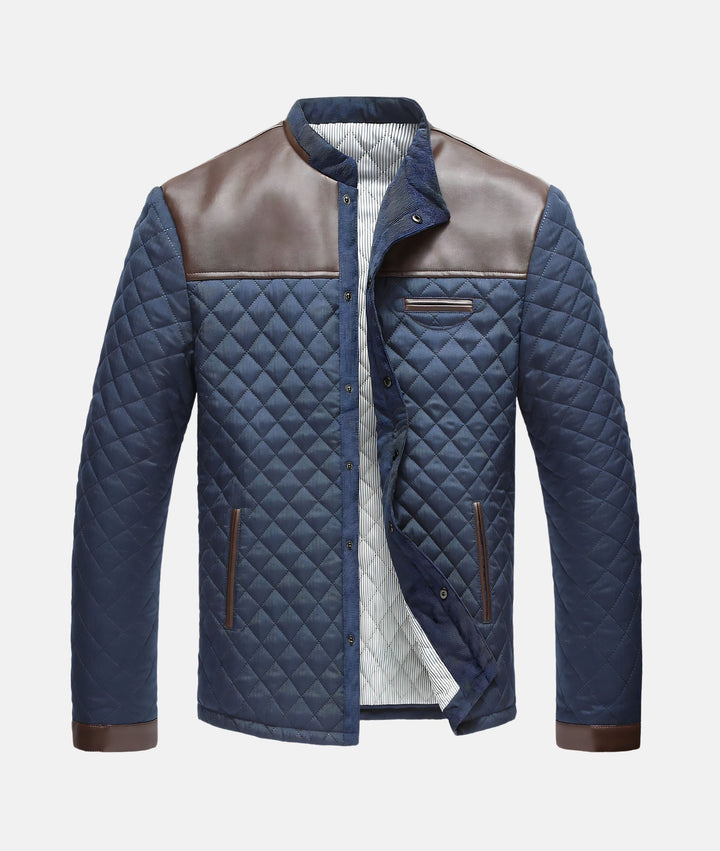 Men's navy blue quilted button-down jacket, collarless. Stylish & lightweight for fall/winter comfort.