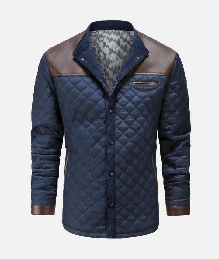 Stylish men's navy blue quilted button-down jacket, lightweight casual outerwear for fall fashion.