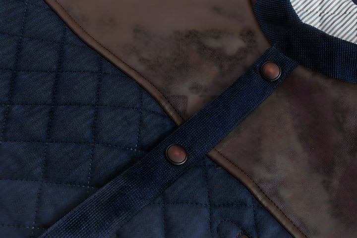 Lightweight men's navy blue quilted button-down jacket, a stylish fall fashion essential.