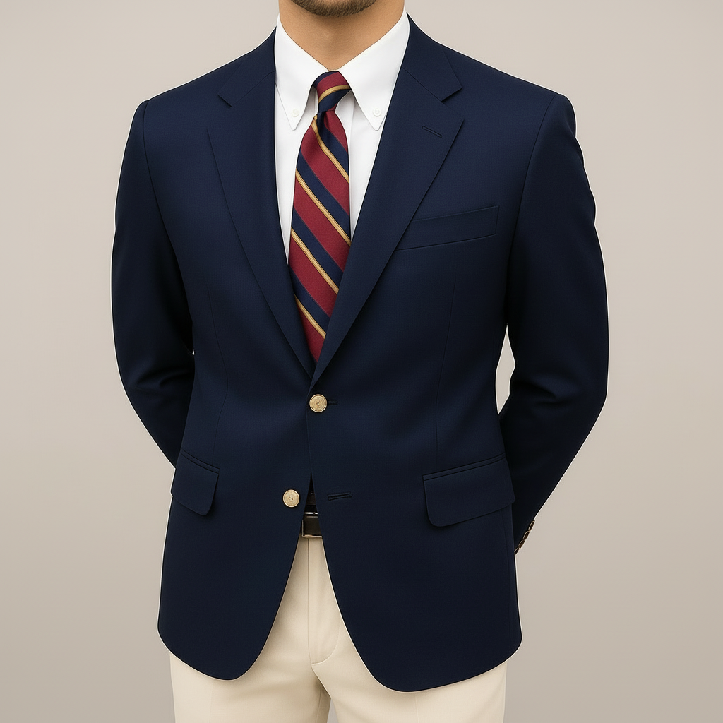 Men's navy blue tailored fit spring blazer jacket for smart casual wear.